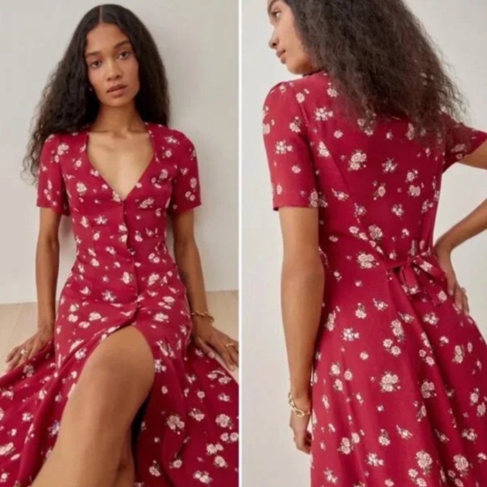 Reformation Size 2 Locklin Button Down Red Floral Midi Dress